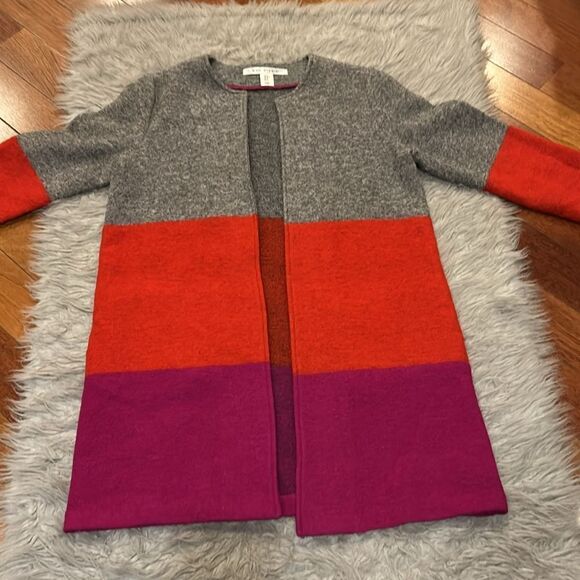 Max studio boiled wool gray,‎ red and pink color block long open cardigan - Picture 4 of 5